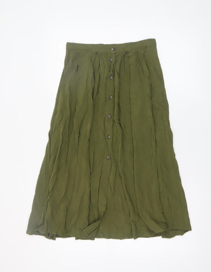 ASOS Women Olive Green Midi A-Line Button Skirt UK 10 Viscose