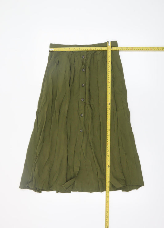 ASOS Women Olive Green Midi A-Line Button Skirt UK 10 Viscose
