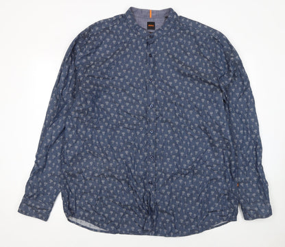 BOSS Men's Blue Regular Fit 3XL Band Collar Cotton Button-Up Shirt