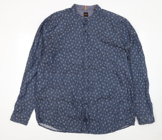 BOSS Men's Blue Regular Fit 3XL Band Collar Cotton Button-Up Shirt
