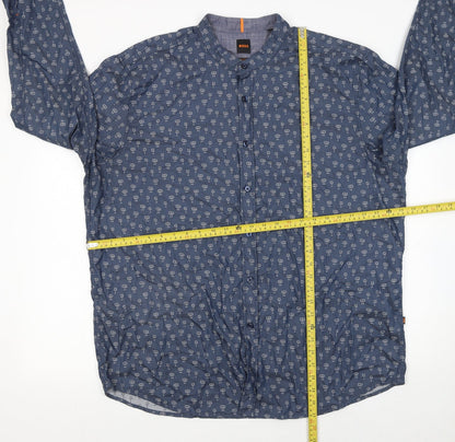 BOSS Men's Blue Regular Fit 3XL Band Collar Cotton Button-Up Shirt