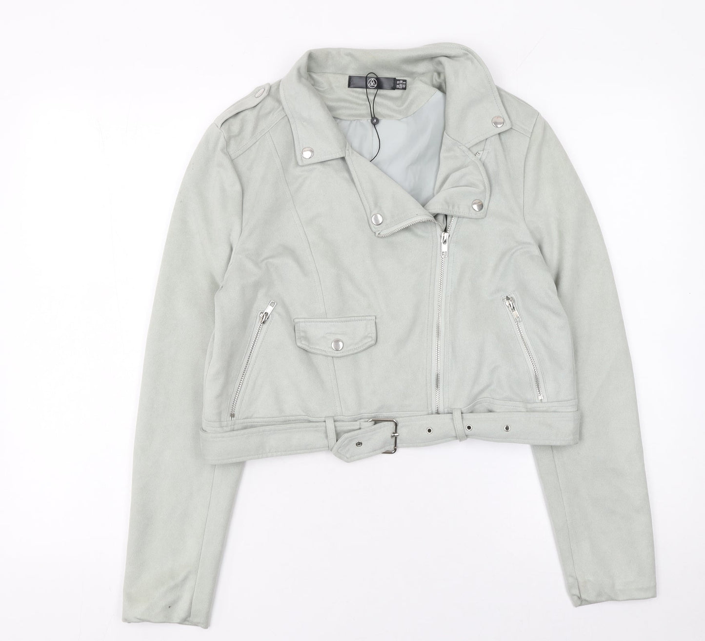 Missguided Women's Grey Faux Suede Biker Jacket Size 10 Cropped Belted
