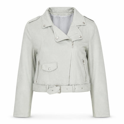 Missguided Women's Grey Faux Suede Biker Jacket Size 10 Cropped Belted