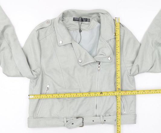 Missguided Women's Grey Faux Suede Biker Jacket Size 10 Cropped Belted