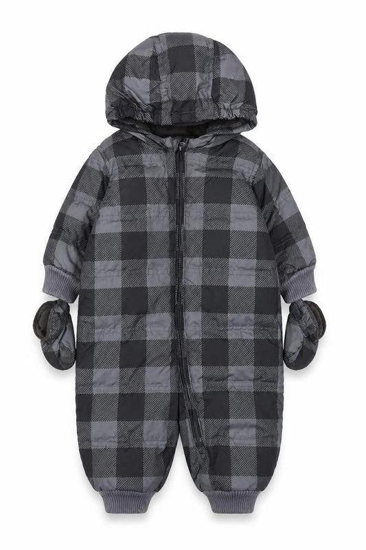 Front view of Baby Gap unisex baby grey check puffer snowsuit 6-12 months hooded down filled