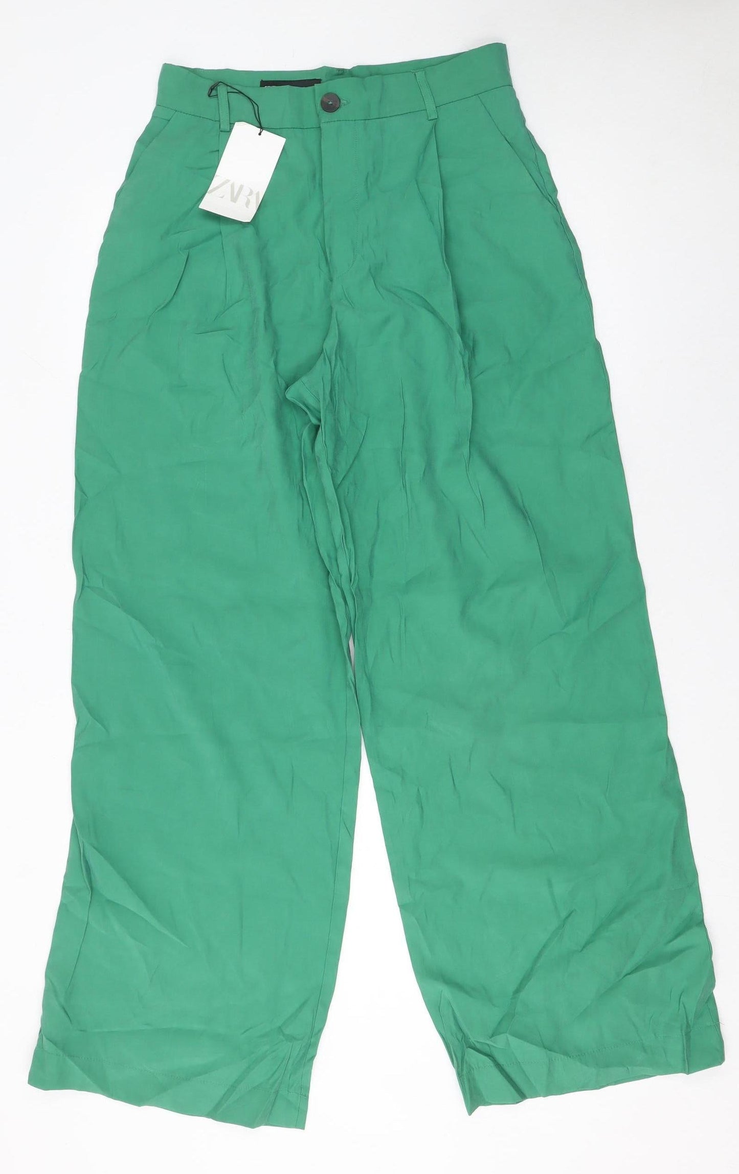 Zara Womens Green Wide-Leg High-Rise Pleated Trousers M