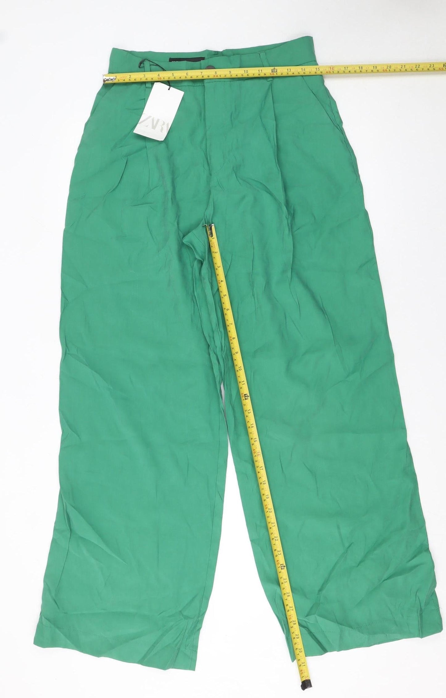 Zara Womens Green Wide-Leg High-Rise Pleated Trousers M