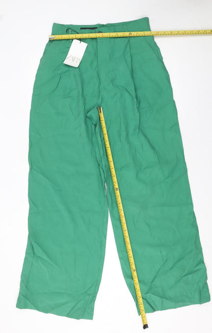 Zara Womens Green Wide-Leg High-Rise Pleated Trousers M
