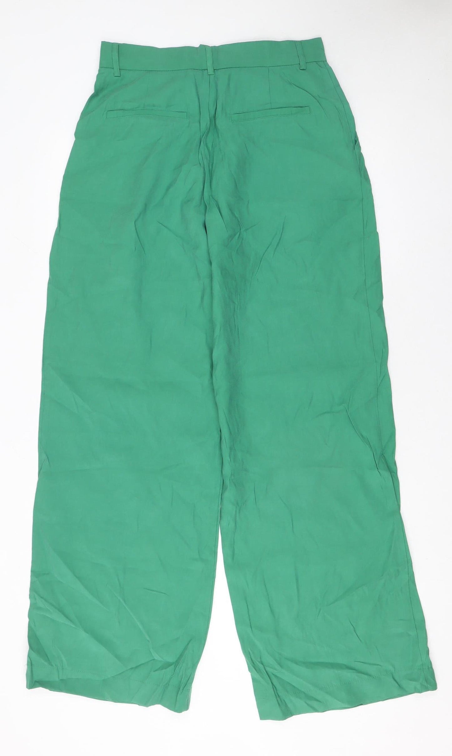 Zara Womens Green Wide-Leg High-Rise Pleated Trousers M