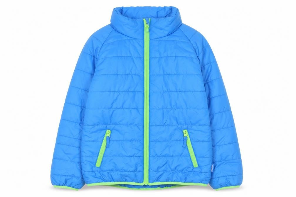 Front view of Playshoes boys’ blue puffer jacket, size 12, years full zip winter coat