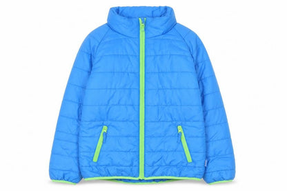 Front view of Playshoes boys’ blue puffer jacket, size 12, years full zip winter coat