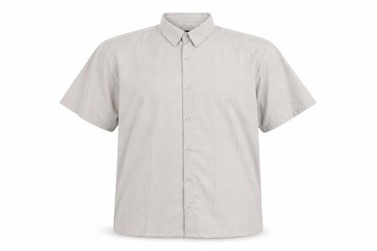 Front view of boohooMAN Men's Beige Short Sleeve Button-Up Shirt, size L