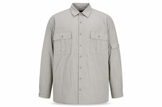 Front view of boohooMAN Men's Grey Button-Up Long Sleeve Classic Fit Shirt, size L