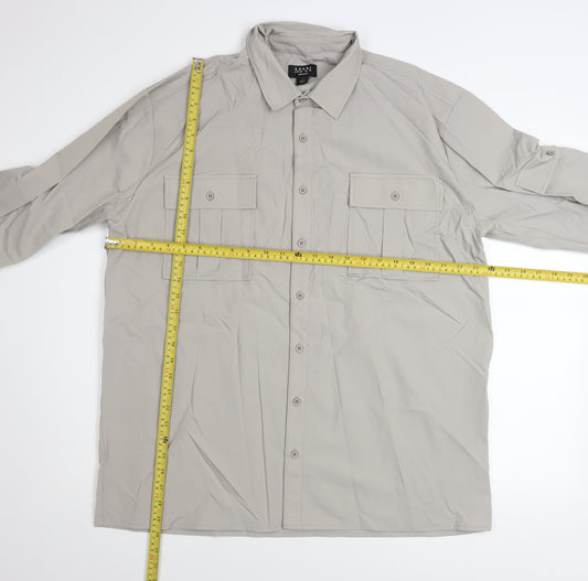 BoohooMAN Men's Grey Button-Up Long Sleeve Classic Fit Shirt Size L