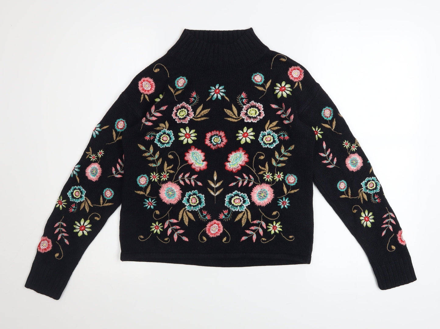 Tu Woman Black Floral Embroidered High Neck Jumper Size 8
