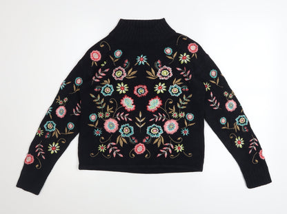 Tu Woman Black Floral Embroidered High Neck Jumper Size 8