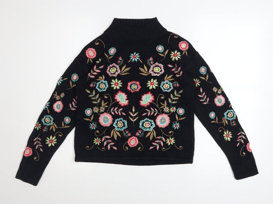 Tu Woman Black Floral Embroidered High Neck Jumper Size 8