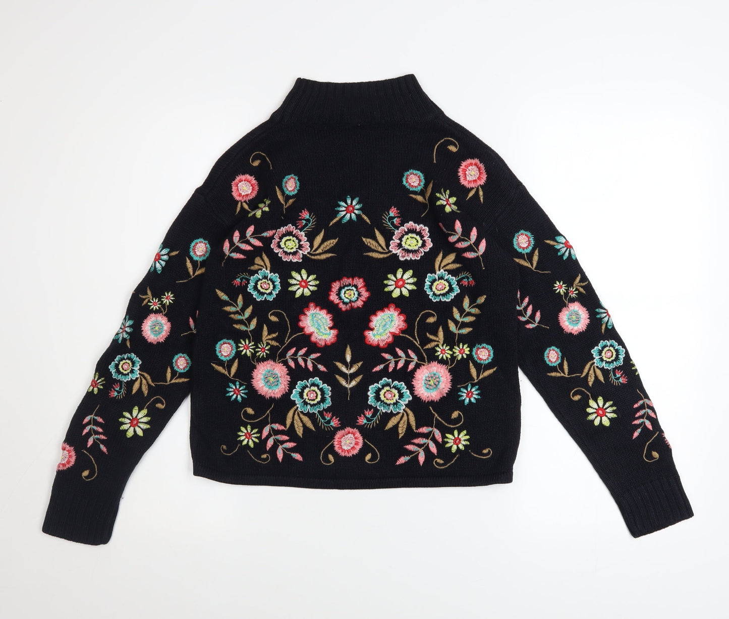 Tu Woman Black Floral Embroidered High Neck Jumper Size 8