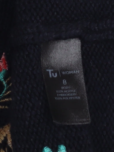 Tu Woman Black Floral Embroidered High Neck Jumper Size 8