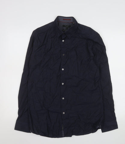 Ted Baker Men's Blue Geometric Slim Fit Cotton Long Sleeve Shirt M