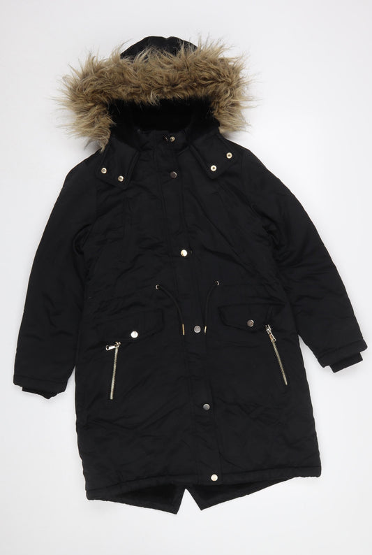 Next Girls Black Faux Fur Hooded Parka Coat 10 Years Winter Jacket