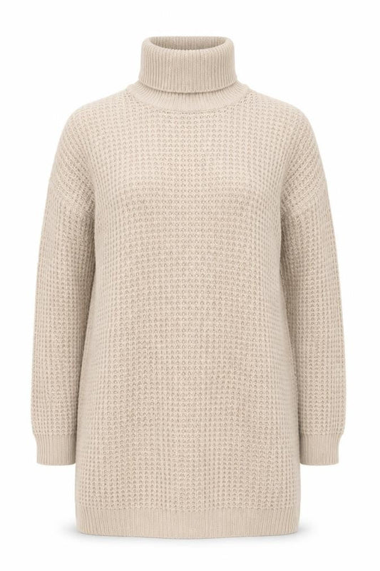 Front view of Missguided Women’s Beige Roll Neck Chunky Knit Jumper, size UK 10/12