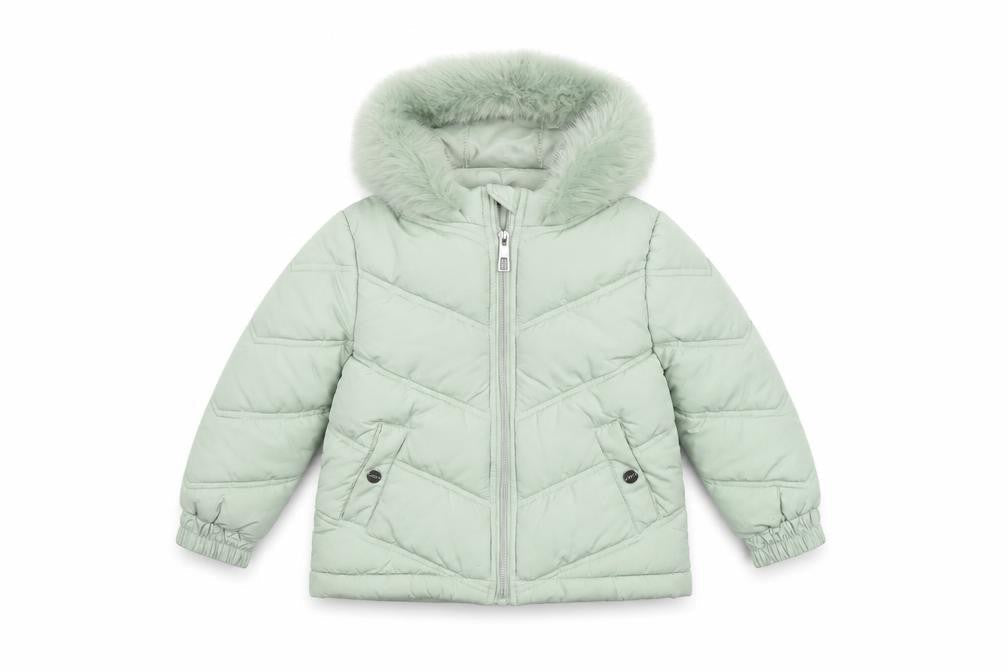 Front view of Lipsy London girls’ green hooded puffer jacket 6 years faux fur trim
