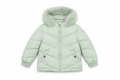 Front view of Lipsy London girls’ green hooded puffer jacket 6 years faux fur trim