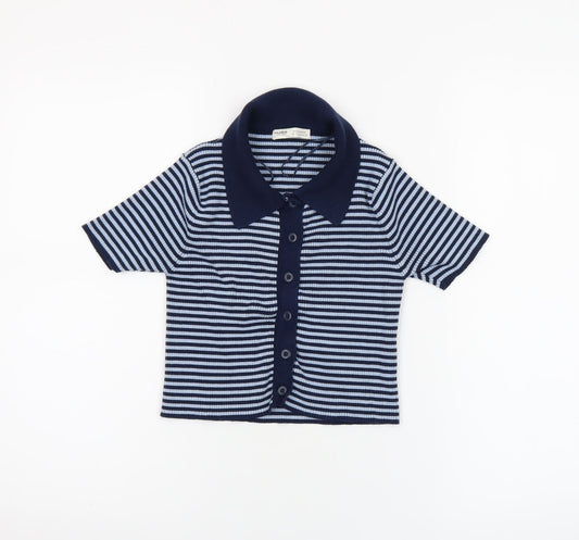 Womens UK Size S Pull&Bear Blue Cropped Button-Up