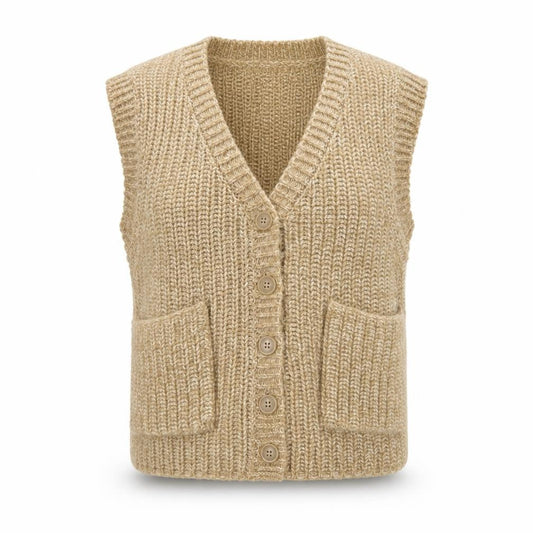 Front view of BDG Women's Beige Knit Sleeveless Cardigan Vest, size S