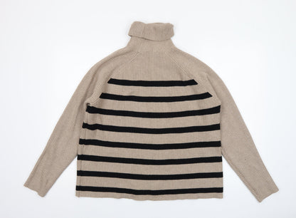 Marks and Spencer Womens Beige Black Striped Roll Neck Jumper Size L