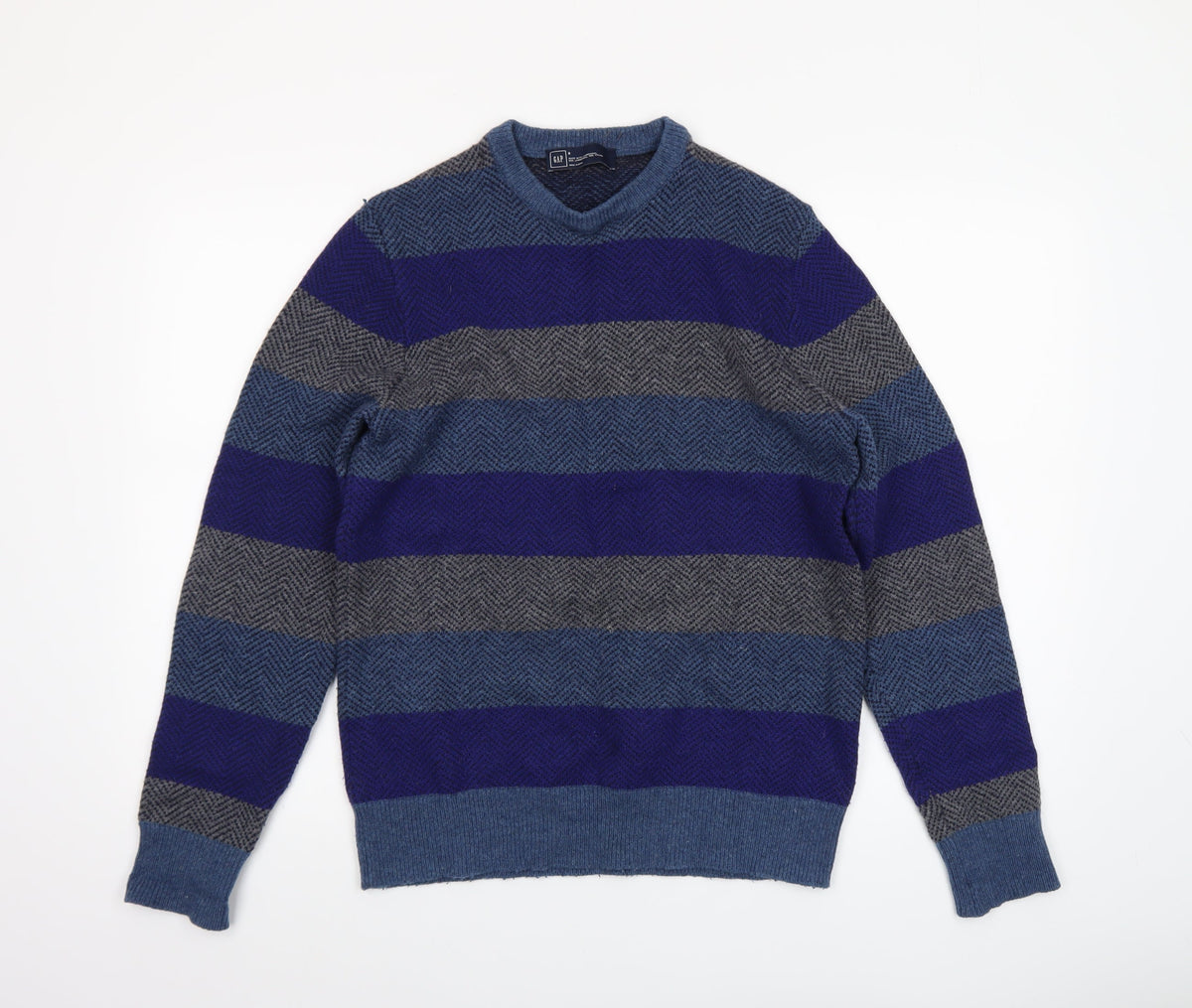 Gap Men Blue Grey Striped Lambswool V-Neck Jumper Size S