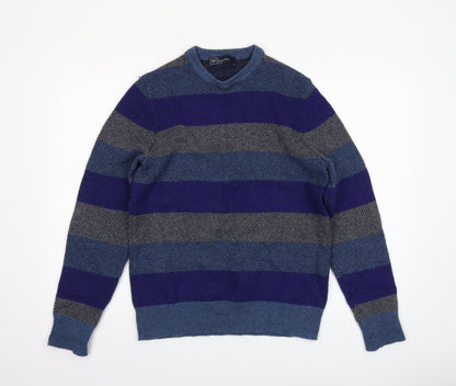 Gap Men Blue Grey Striped Lambswool V-Neck Jumper Size S
