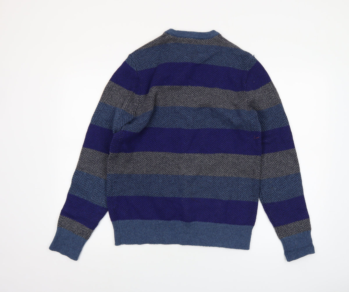 Gap Men Blue Grey Striped Lambswool V-Neck Jumper Size S