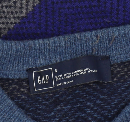 Gap Men Blue Grey Striped Lambswool V-Neck Jumper Size S