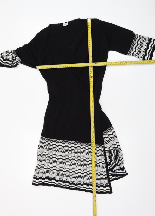New Look Women’s Black & White Knit Wrap Dress Size 8 3/4 Sleeve
