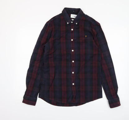 Farah Men Burgundy Navy Check Slim Fit Long Sleeve Shirt M