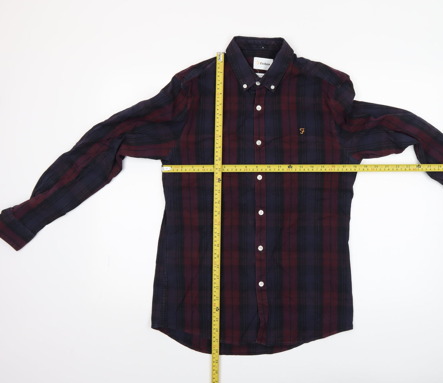Farah Men Burgundy Navy Check Slim Fit Long Sleeve Shirt M