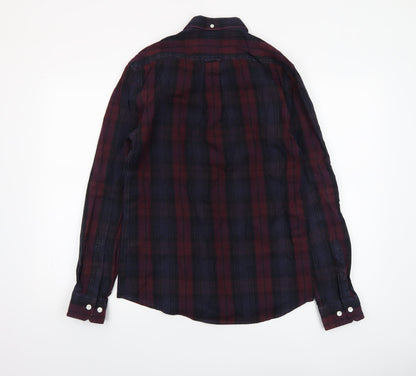 Farah Men Burgundy Navy Check Slim Fit Long Sleeve Shirt M