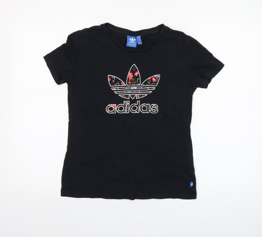 Adidas Womens Black Floral Logo T-Shirt Size 12 Short Sleeve