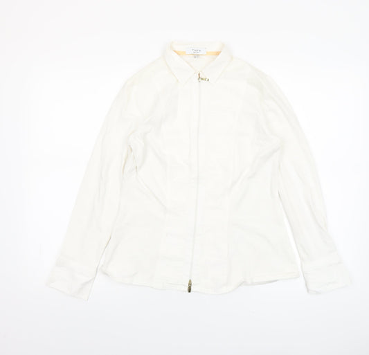 Tinta Women White Collared Zip Blouse Size 14 Cotton Stretch