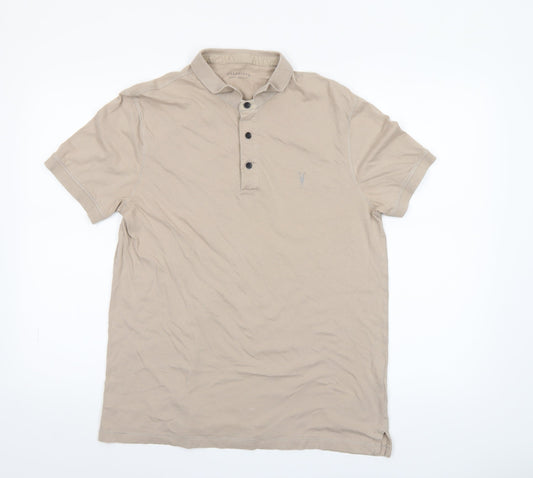 AllSaints Men's Beige Polo Shirt Size L Cotton Short Sleeve
