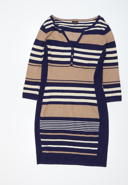 Phase Eight Women’s Blue Beige Striped Bodycon Knit Dress Size 10