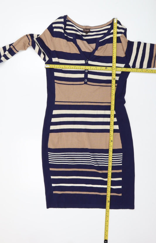 Phase Eight Women’s Blue Beige Striped Bodycon Knit Dress Size 10