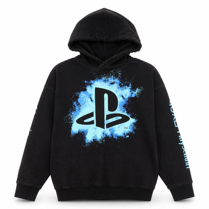 Front view of H&M boys’ black playstation hoodie 11-12 years pullover graphic sweatshirt