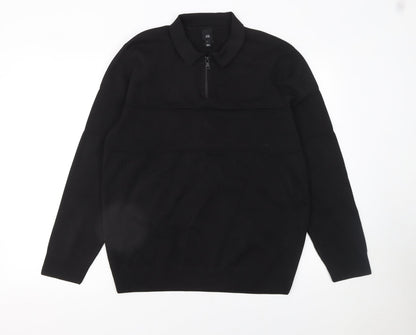 River Island Men's Black Long Sleeve 1/4 Zip Polo Top Size L