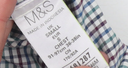 Marks and Spencer Men's Multicoloured Check Short Sleeve Cotton Shirt S