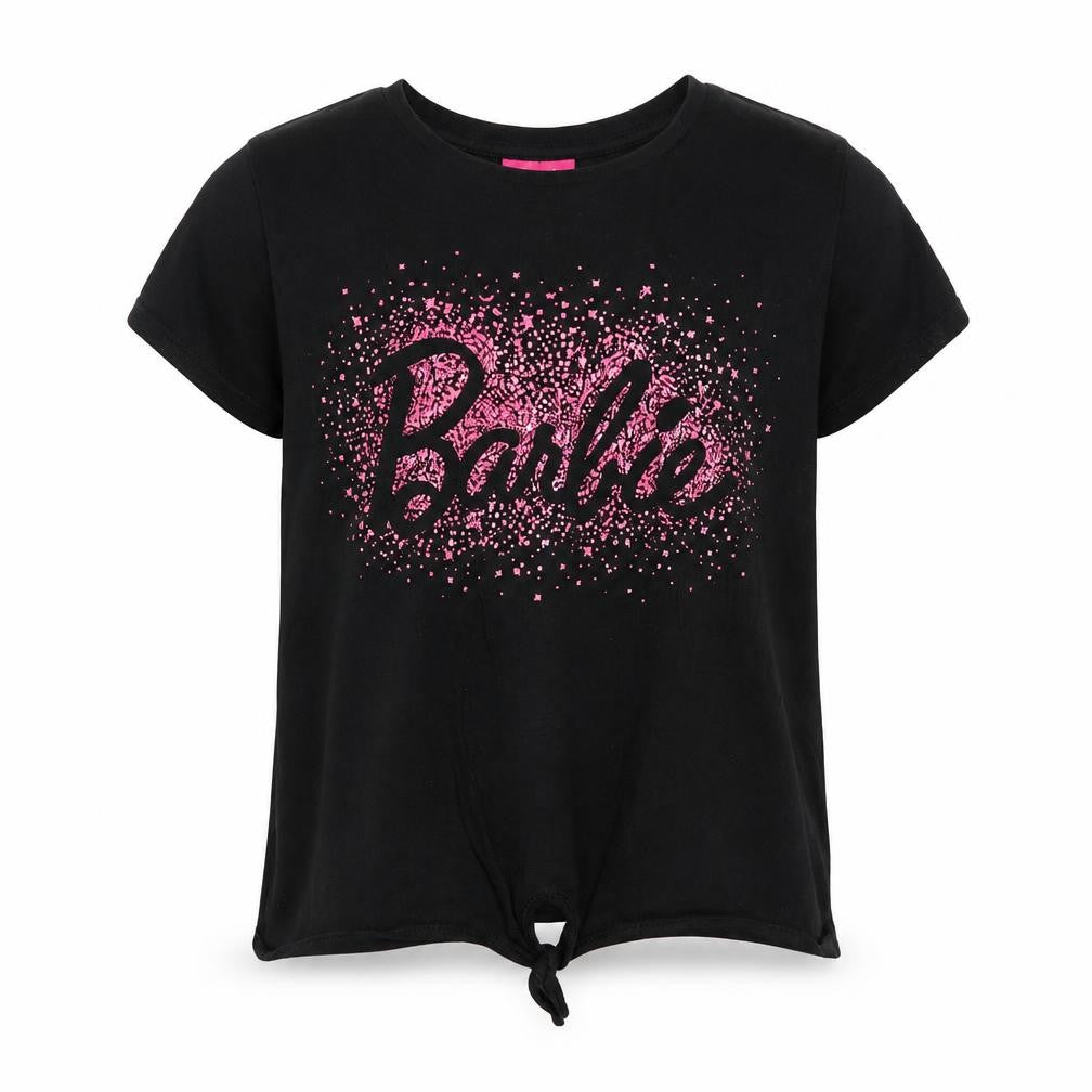 Front view of Barbie girls’ black short sleeve glitter logo t-shirt 13-14 years