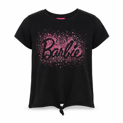 Front view of Barbie girls’ black short sleeve glitter logo t-shirt 13-14 years
