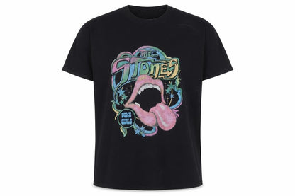 Front view of The Rolling Stones Men's Black Graphic Band T-Shirt L 100% Cotton Retro Music Tee